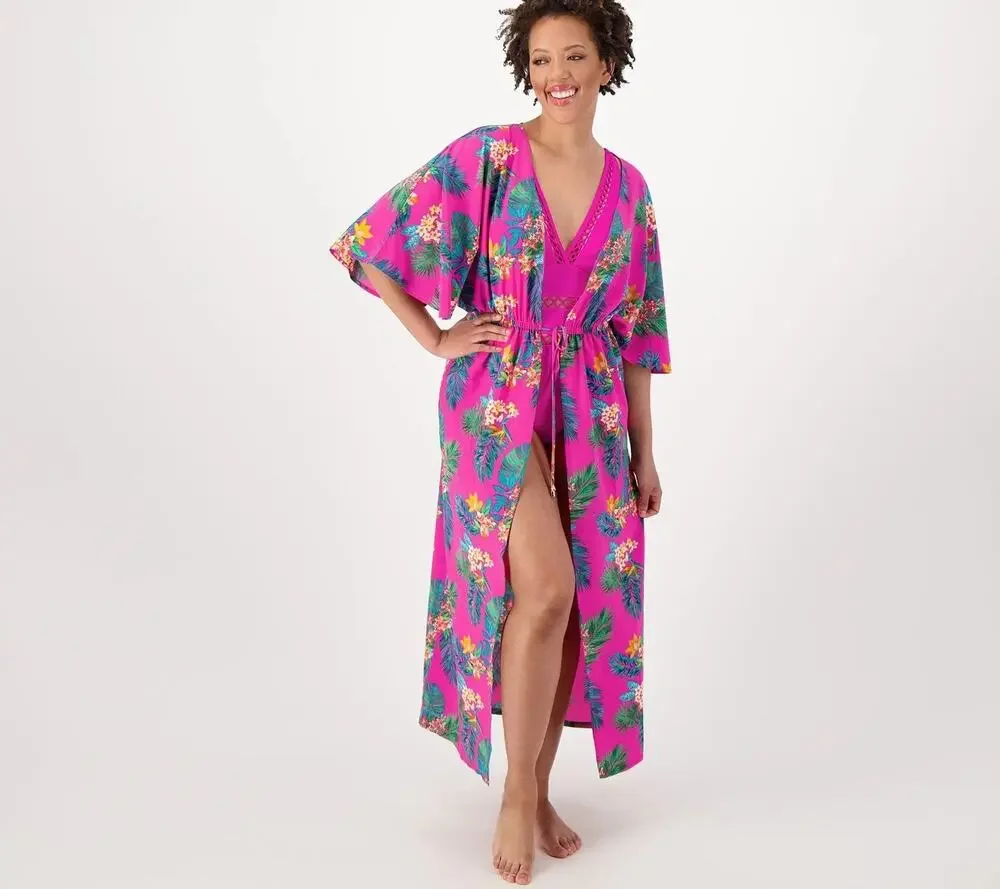 Belle Kim Gravel Cover Up Womens Medium/Large Pink Tropical Short Sleeve Boho